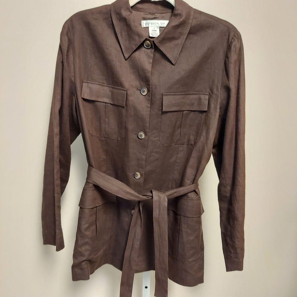 Vintage Womens Brown 100% Linen Safari Shirt Jacket Belted Utility 6 Minimalist - Picture 2 of 6